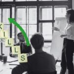 Trainer presenting to a team with visual aids and 'SKILLS' staircase graphic, representing top skills for effective training and professional growth